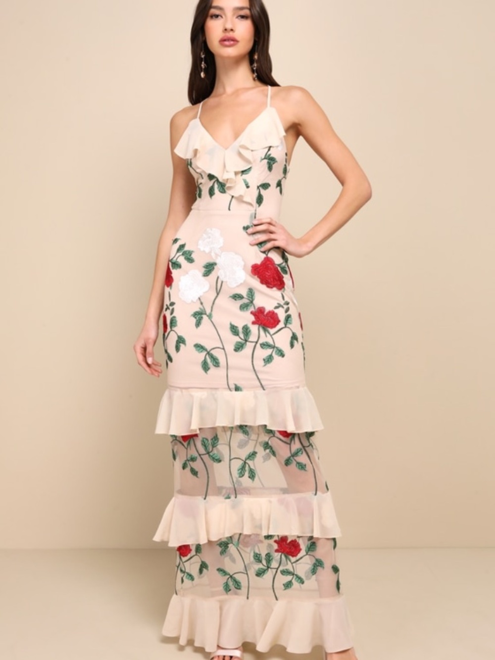 Lulus True To Heart Beige Floral Embroidered Ruffled Tiered Maxi Dress - Size S